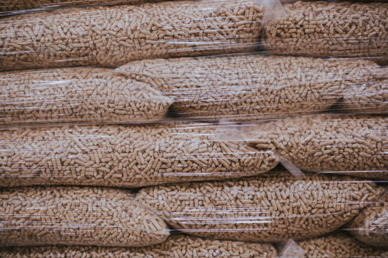 Closeup shot of stocked  pig pellet on a warehouse